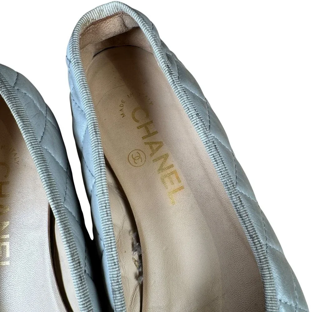 Chanel CC Cap Toe Quilted Silver Gray Lambskin Leather Ballet Flats EU 37 US 7 - Picture 2 of 11